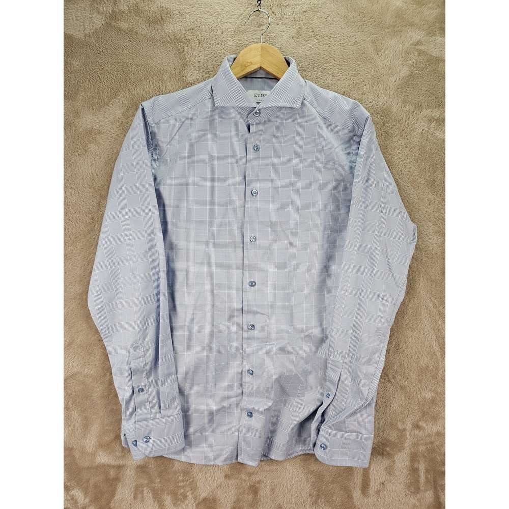 Eton Dress Shirt Slim Fit Size 42 16½ Plaid Light Blue Check Pattern - Picture 4 of 10